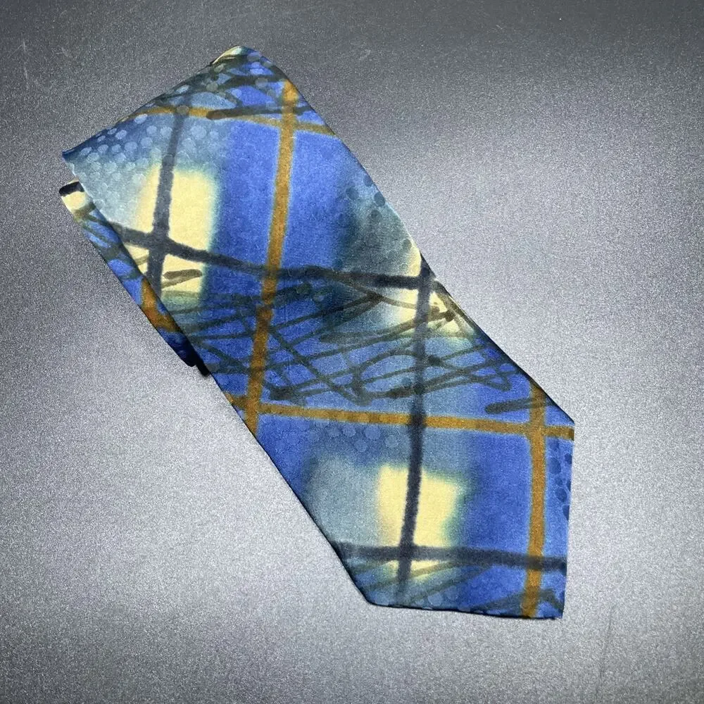 Vtg Marienbad Abstract Blue Grid Necktie Hand Painted Designer 3.75” Memphis Art
